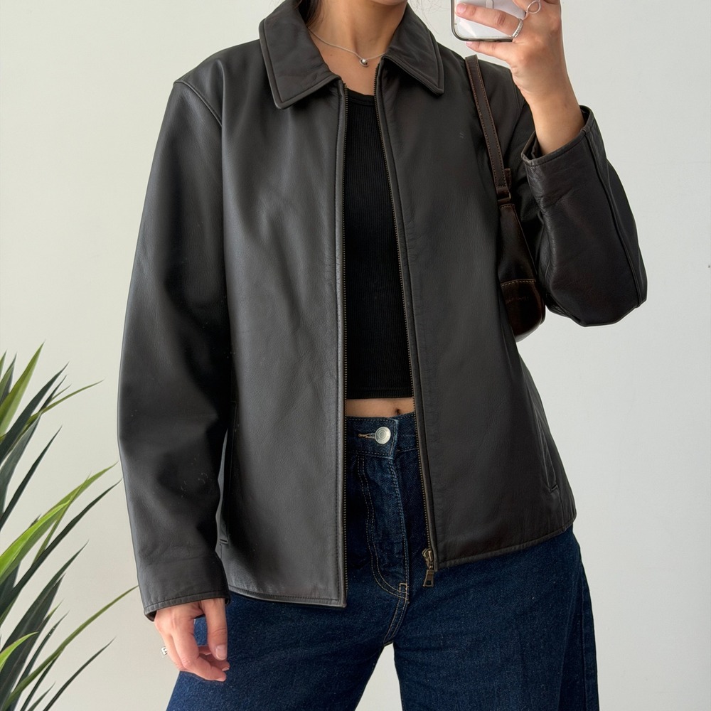 Vintage Eddie Bauer Leather Jacket Womens Medium Brown Full Zip Moto Biker Racer